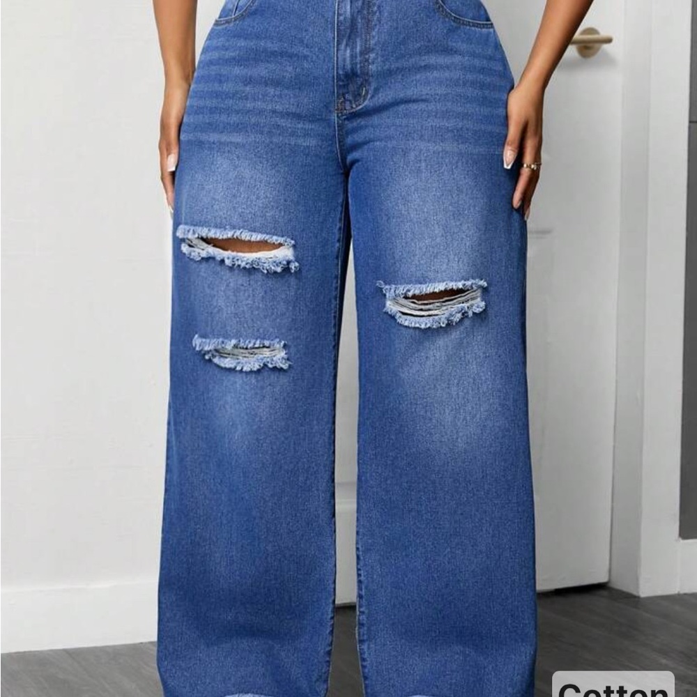 SHEIN Blue Flare Wide Leg Jeans with Distressed Details